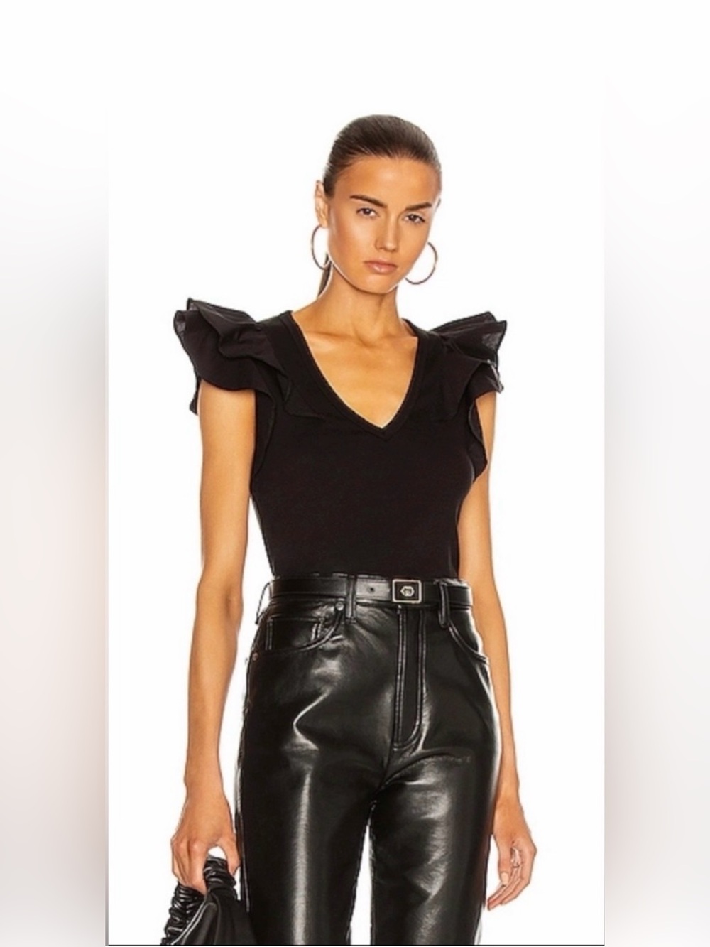 Veronica Beard Cathie Black Ruffle Sleeve V-Neck Top